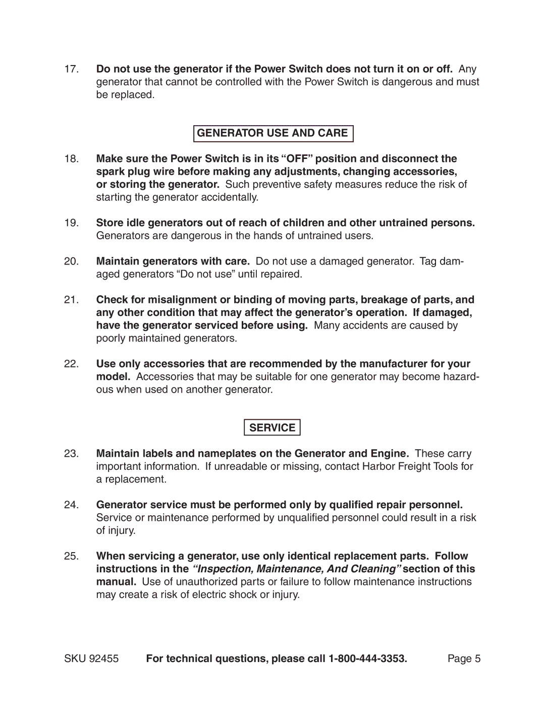 Chicago Electric 92455 manual Generator USE and Care, Service 