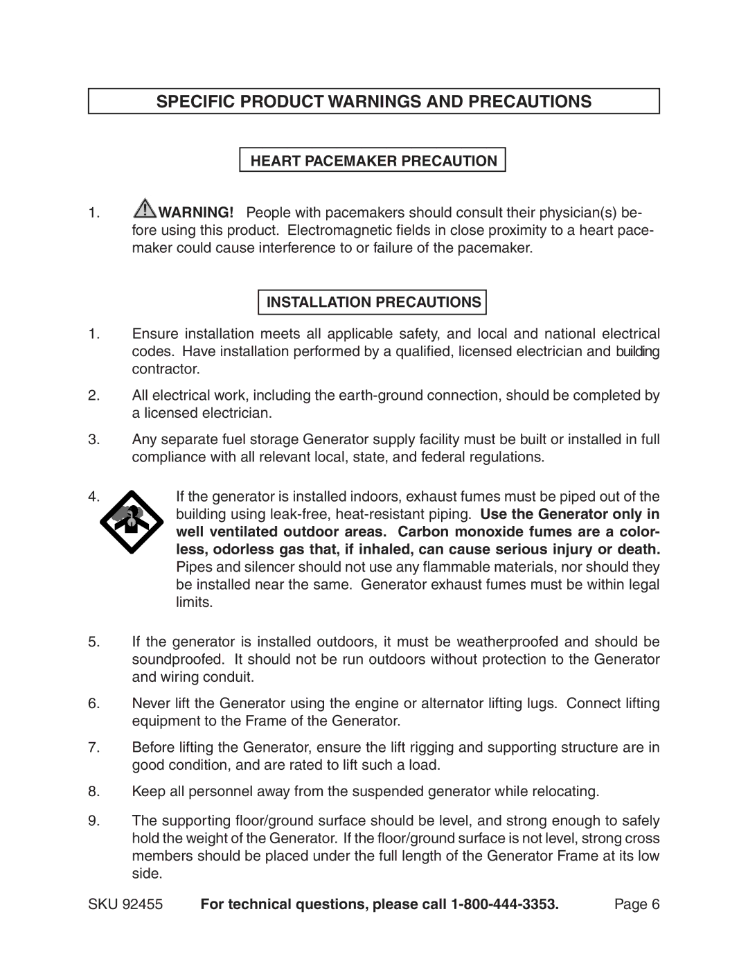 Chicago Electric 92455 Specific Product Warnings and Precautions, Heart Pacemaker Precaution Installation Precautions 