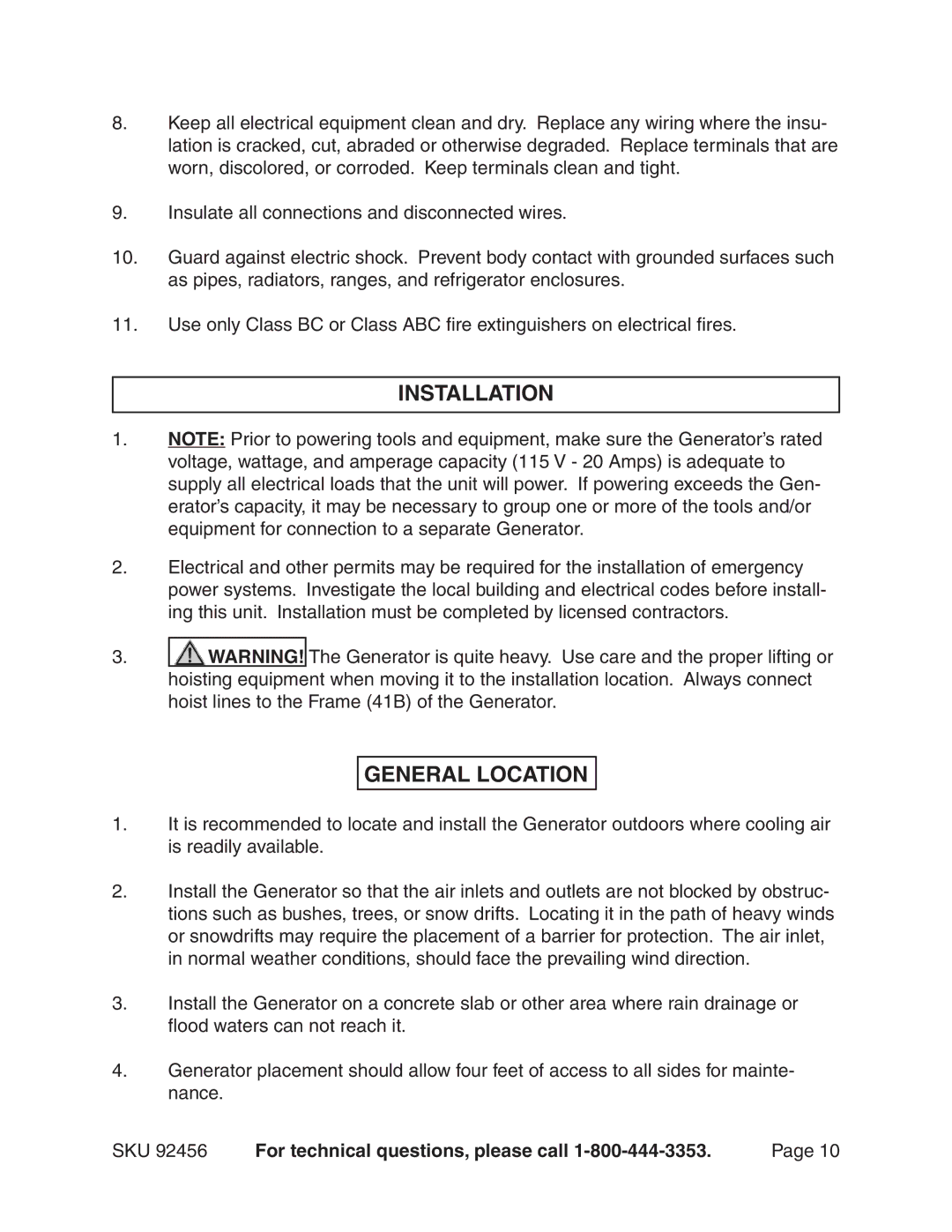 Chicago Electric 92456 operating instructions Installation, General Location 