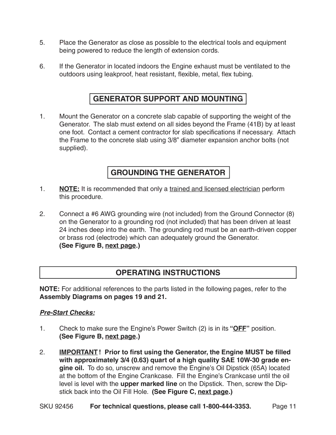 Chicago Electric 92456 Generator Support and Mounting, Grounding the Generator, Operating Instructions, See Figure B, next 