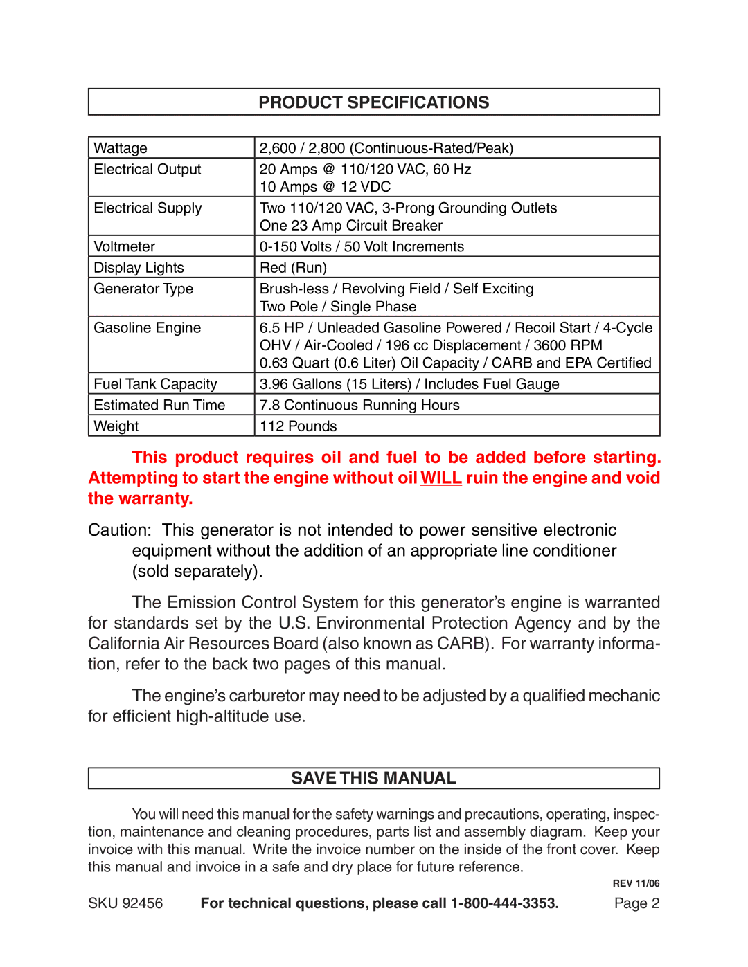 Chicago Electric 92456 Product Specifications, Save this Manual, SKU For technical questions, please call 