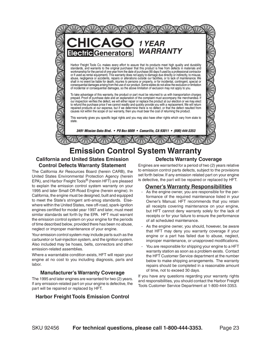 Chicago Electric 92456 operating instructions Year Warranty, Owner’s Warranty Responsibilities 