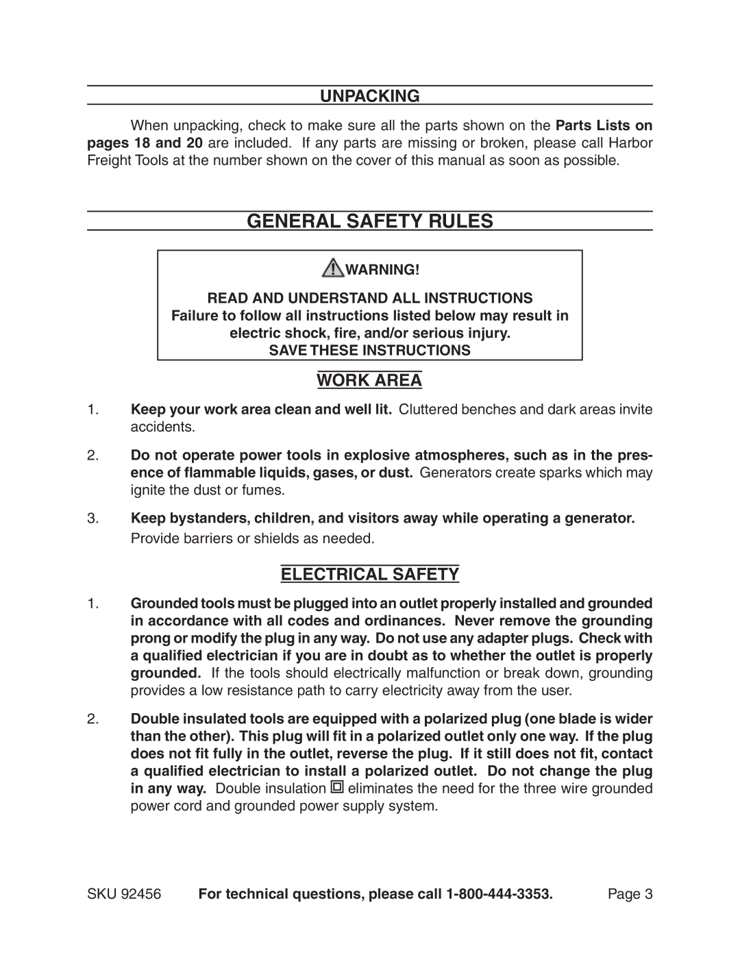 Chicago Electric 92456 operating instructions Unpacking, Work Area, Electrical Safety, Read and Understand ALL Instructions 