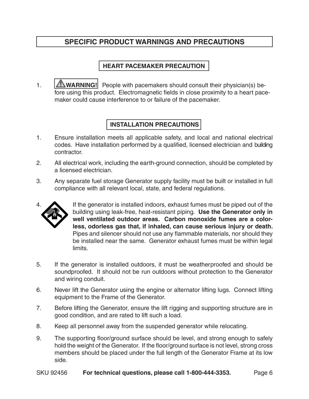 Chicago Electric 92456 Specific Product Warnings and Precautions, Heart Pacemaker Precaution Installation Precautions 