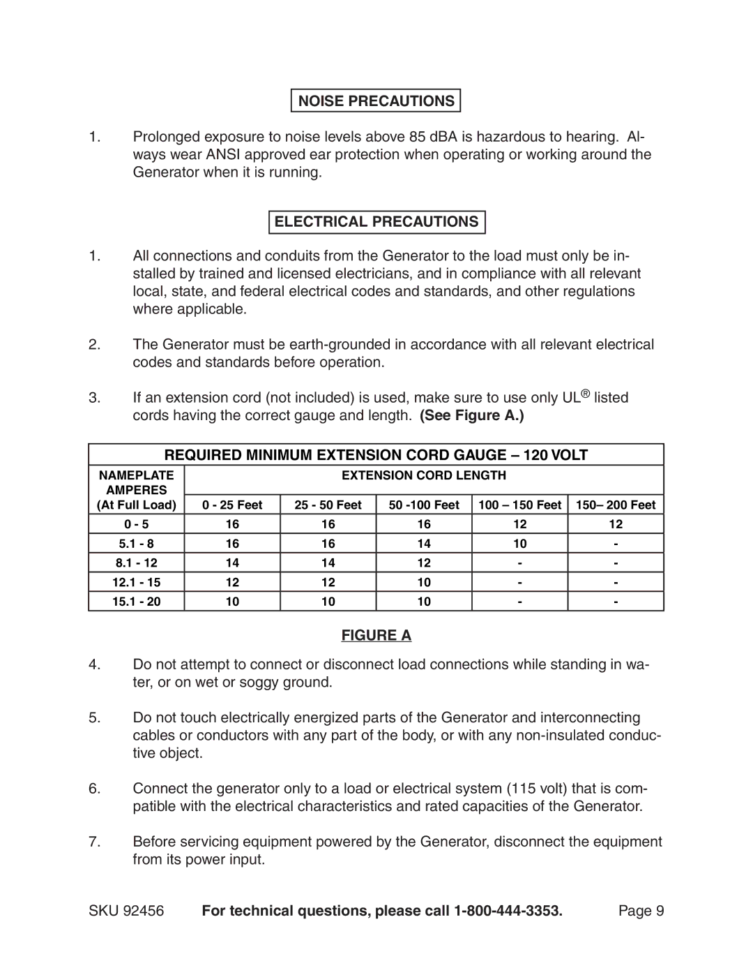 Chicago Electric 92456 Noise Precautions, Electrical Precautions, Required Minimum Extension Cord Gauge 120 Volt 