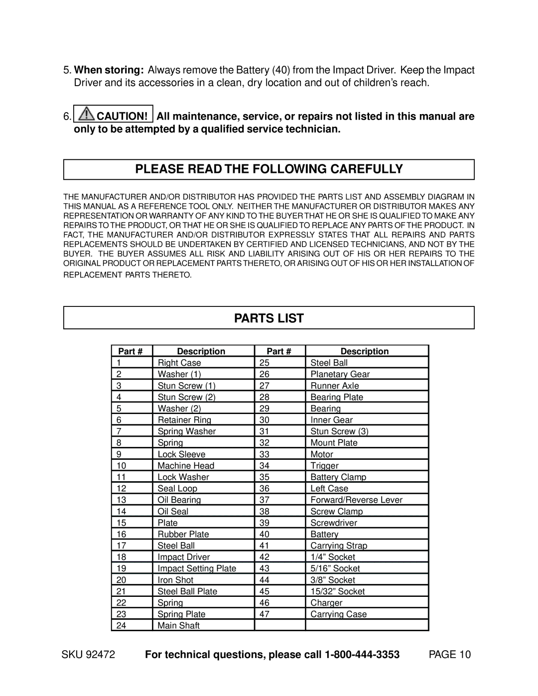 Chicago Electric 92472 operating instructions Please Read the Following Carefully, Parts List 