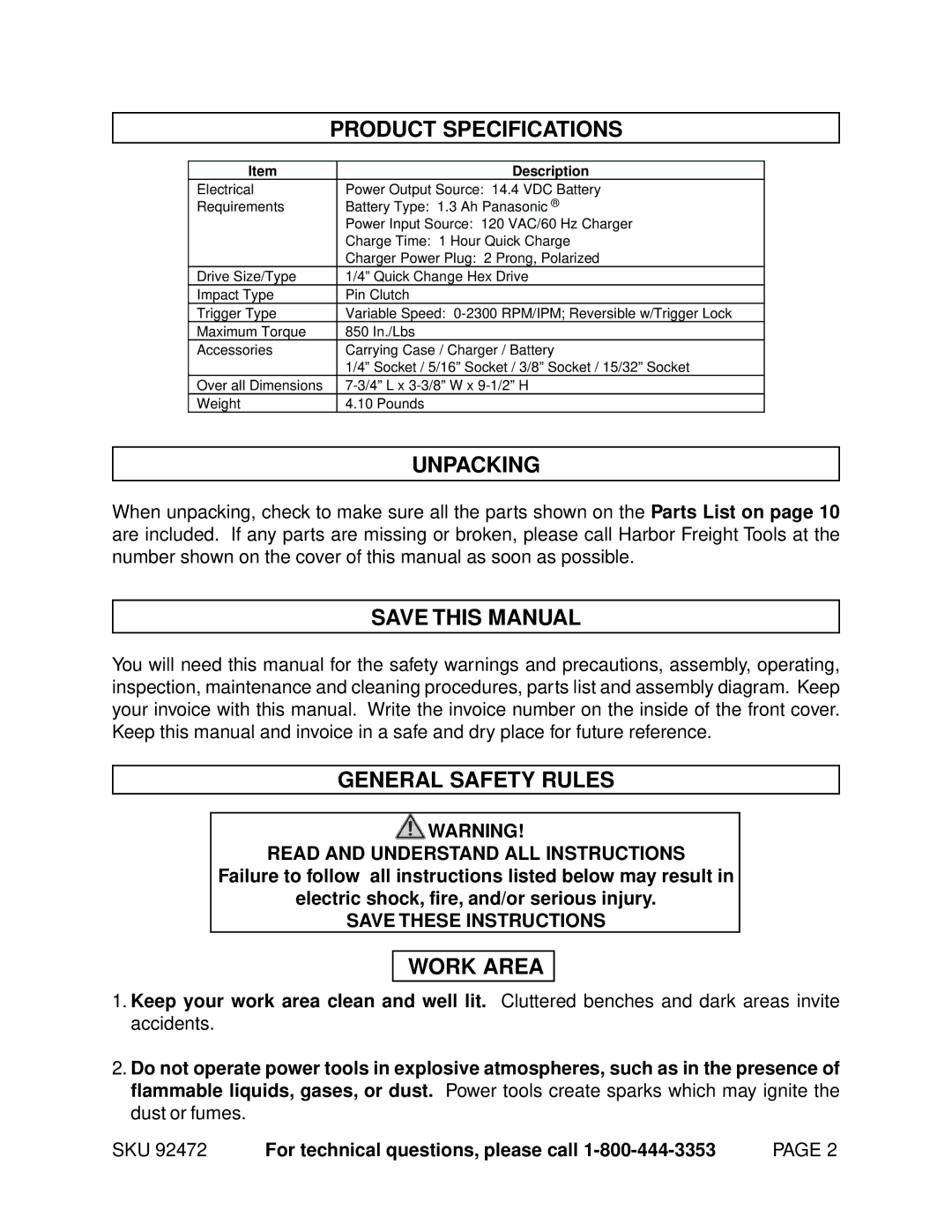 Chicago Electric 92472 Product Specifications, Unpacking, Save this Manual, General Safety Rules, Work Area 