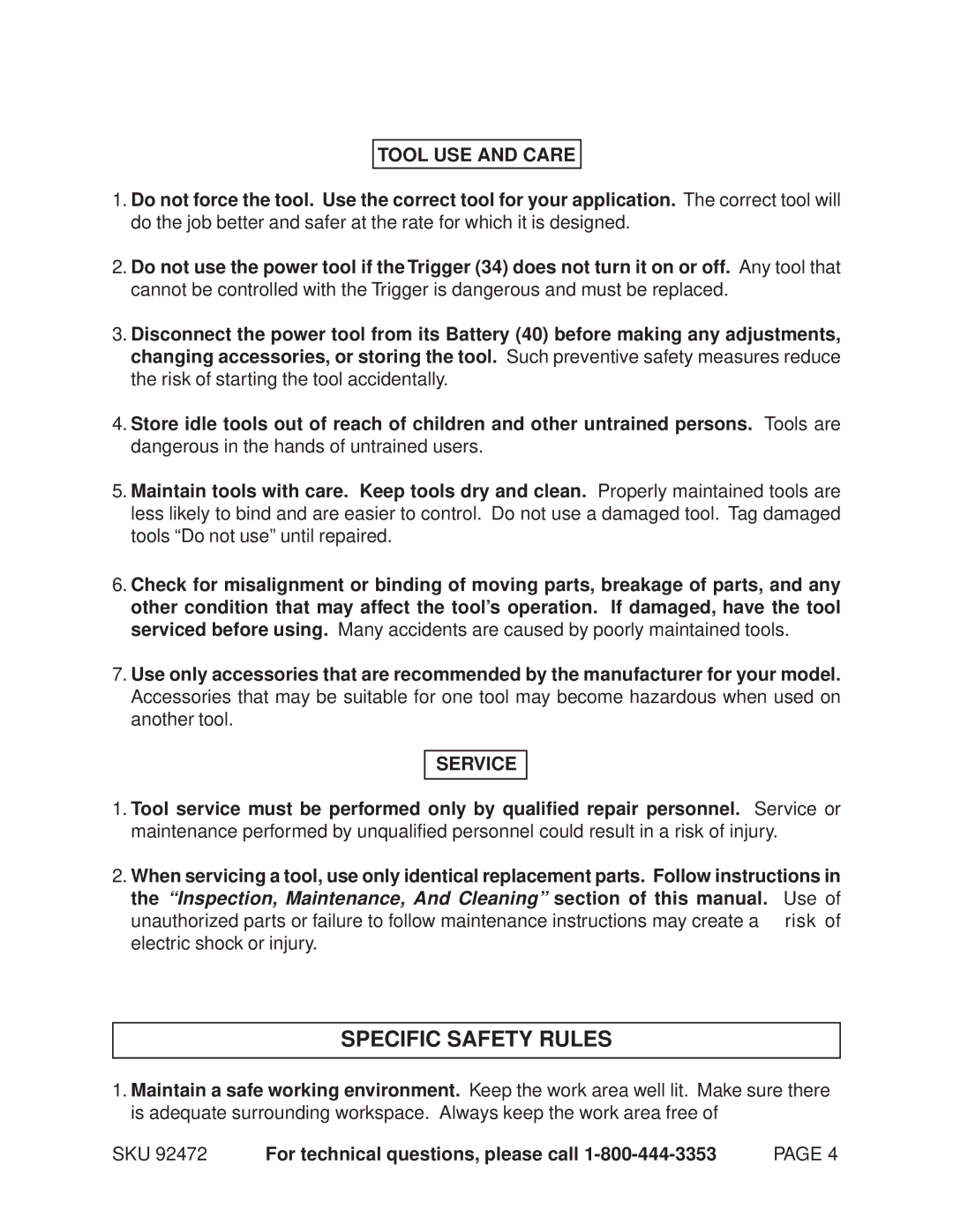 Chicago Electric 92472 operating instructions Specific Safety Rules, Tool USE and Care, Service 