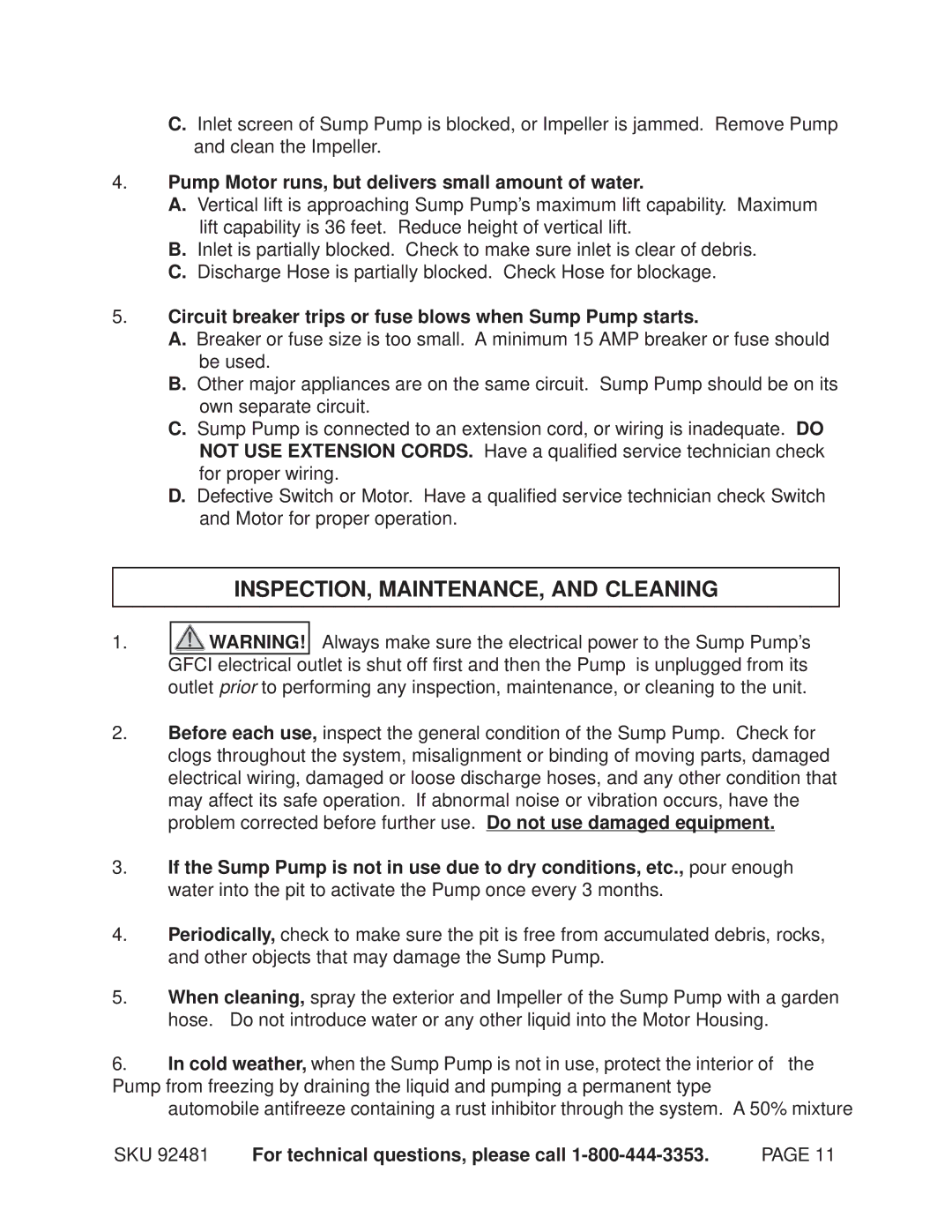 Chicago Electric 92481 manual INSPECTION, MAINTENANCE, and Cleaning, Pump Motor runs, but delivers small amount of water 