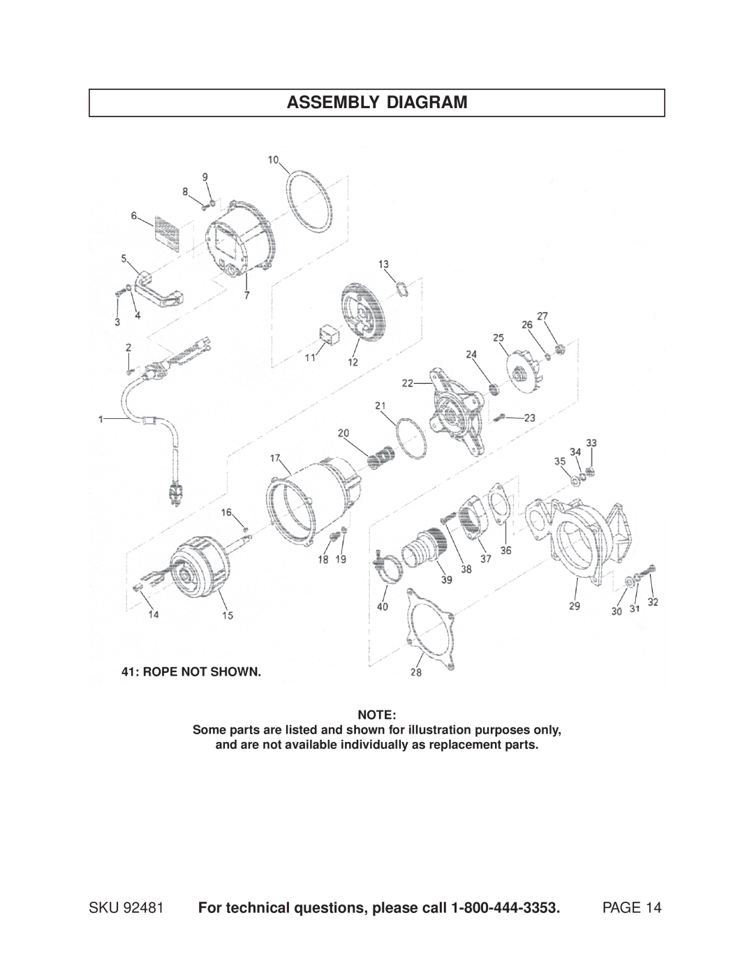 Chicago Electric 92481 manual Assembly Diagram, Rope not Shown 