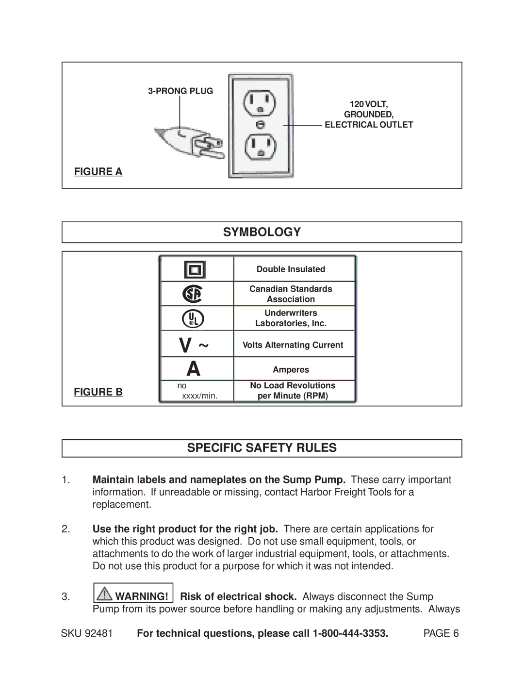 Chicago Electric 92481 manual Symbology, Specific Safety Rules 