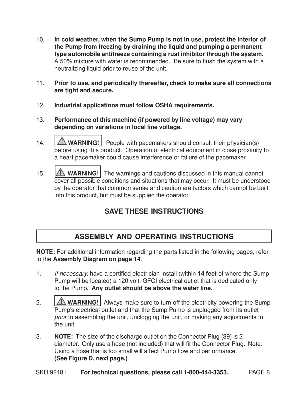 Chicago Electric 92481 manual Assembly and Operating Instructions 