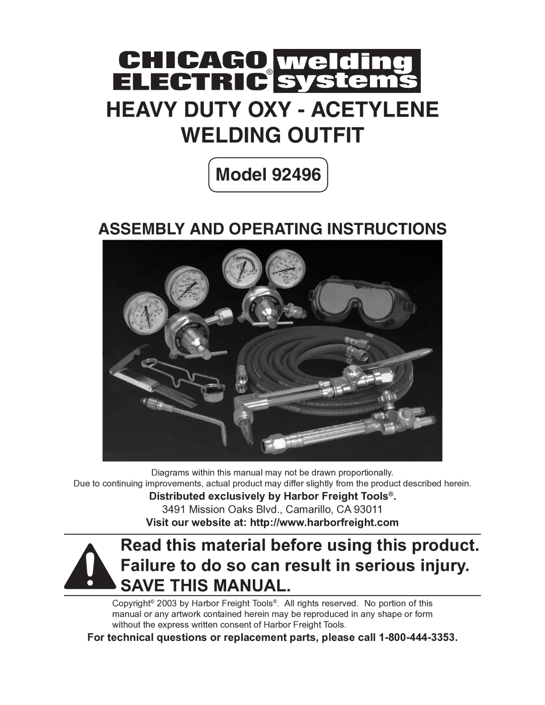 Chicago Electric 92496 operating instructions Heavy Duty Oxy Acetylene Welding Outfit 