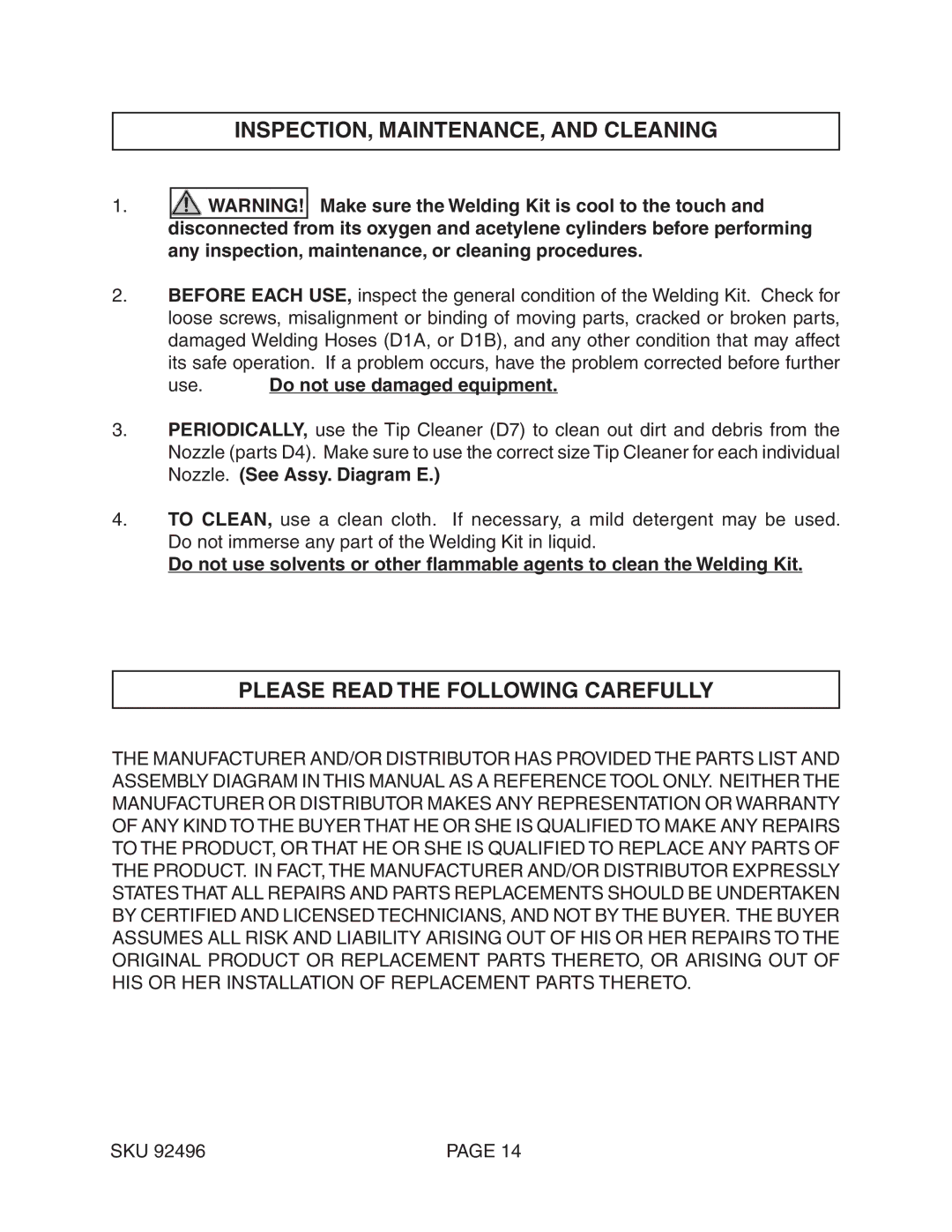 Chicago Electric 92496 operating instructions INSPECTION, MAINTENANCE, and Cleaning, Please Read the Following Carefully 