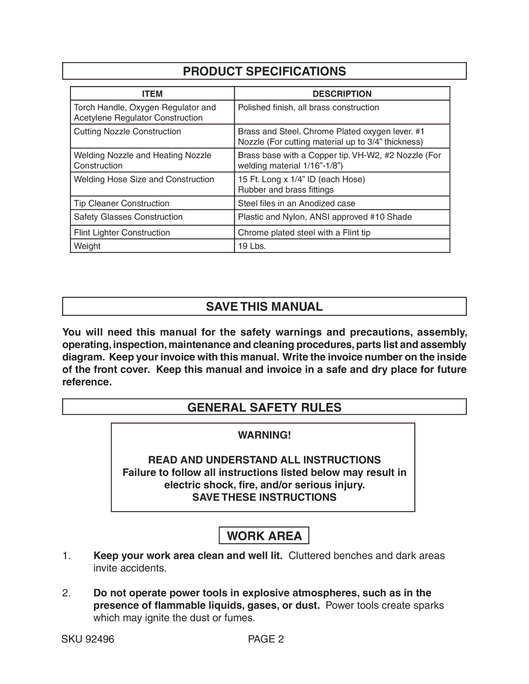 Chicago Electric 92496 operating instructions Product Specifications, Save this Manual, General Safety Rules, Work Area 