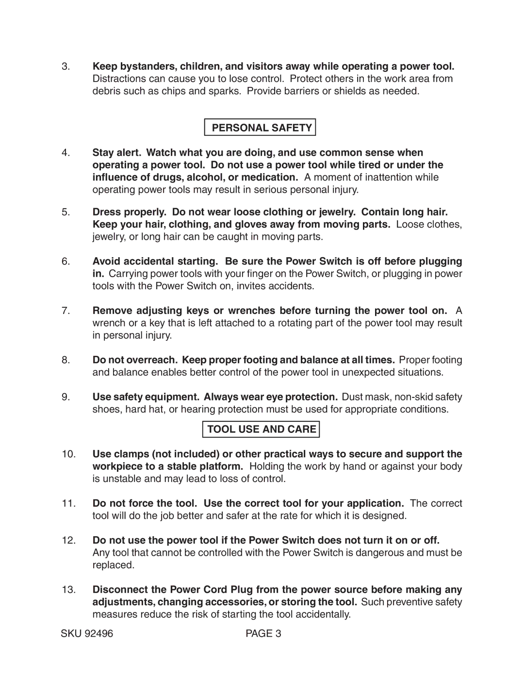 Chicago Electric 92496 operating instructions Personal Safety 