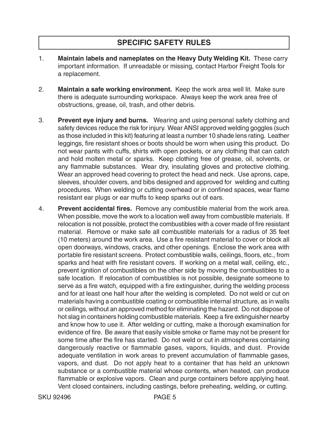 Chicago Electric 92496 operating instructions Specific Safety Rules 