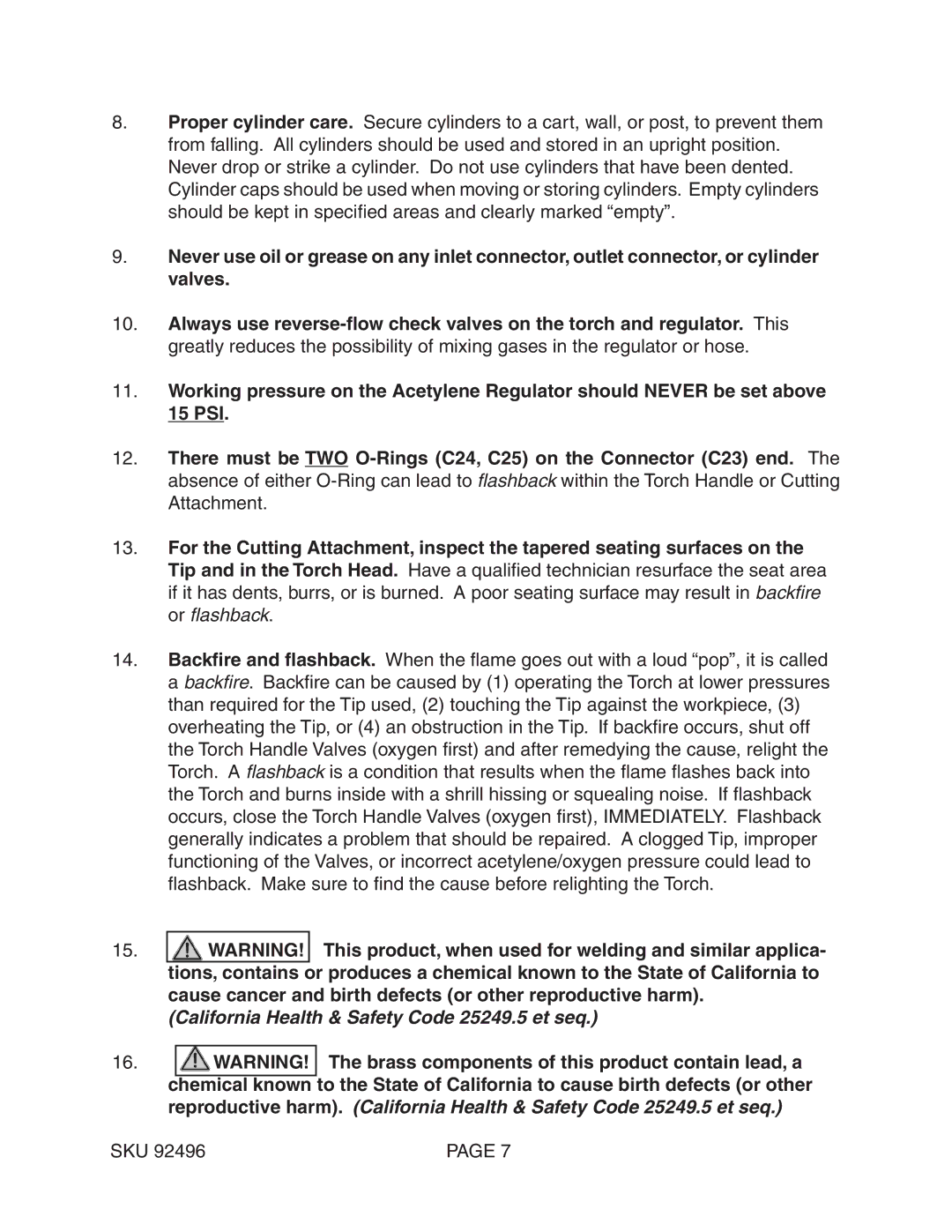 Chicago Electric 92496 operating instructions California Health & Safety Code 25249.5 et seq 