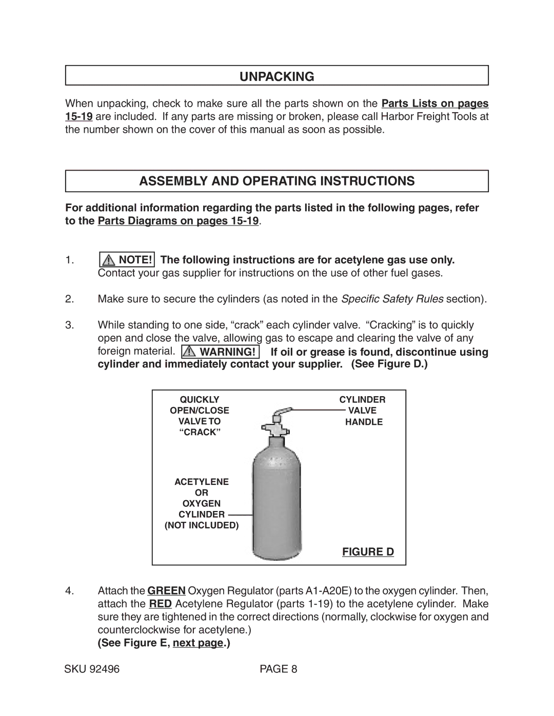 Chicago Electric 92496 Unpacking, Assembly and Operating Instructions, Your supplier. See Figure D, See Figure E, next 