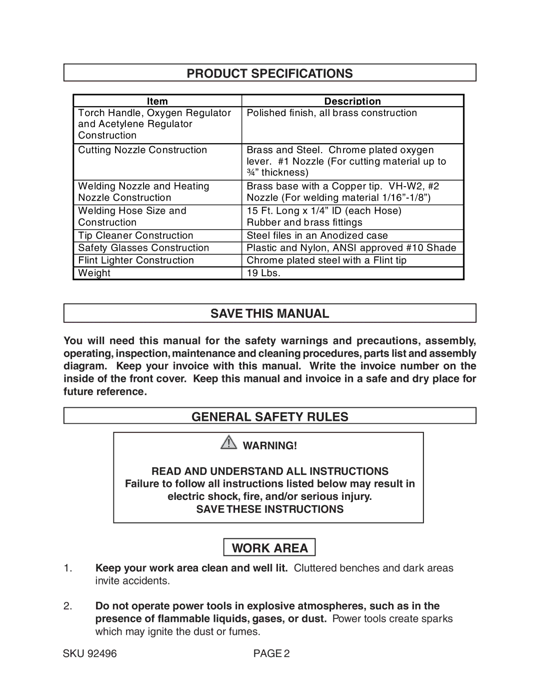 Chicago Electric 92496 operating instructions Product Specifications, Save this Manual, General Safety Rules, Work Area 