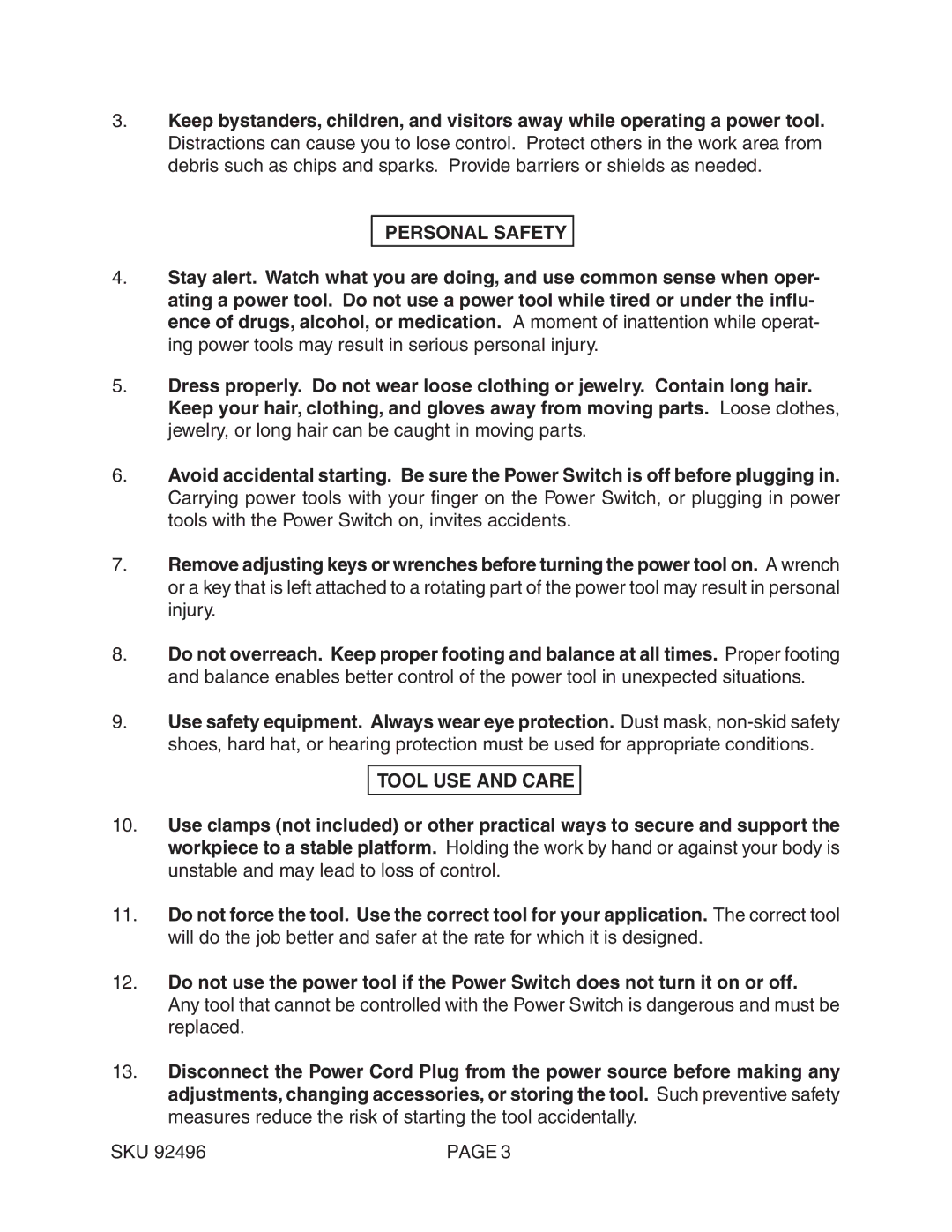 Chicago Electric 92496 operating instructions Personal Safety 