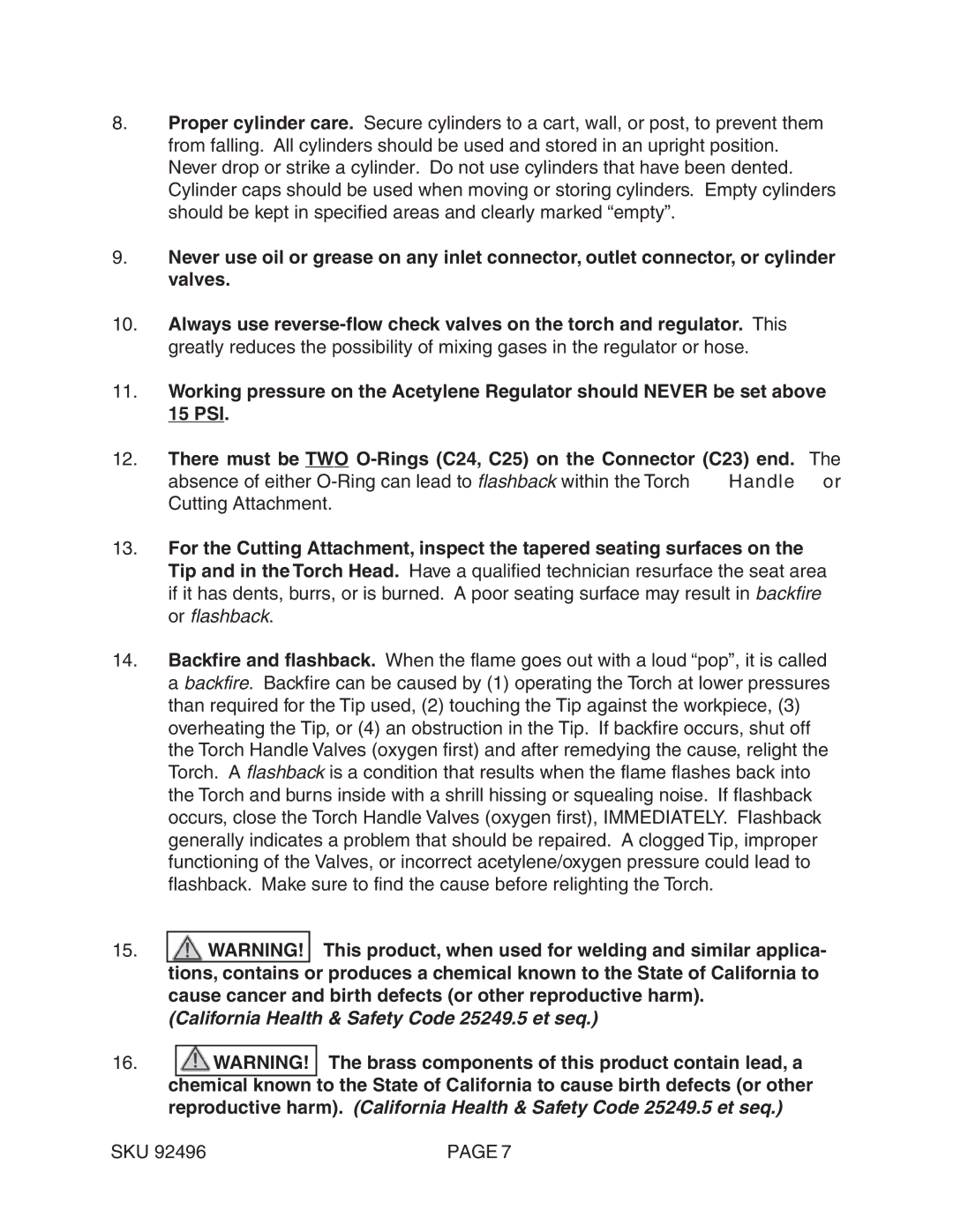 Chicago Electric 92496 operating instructions California Health & Safety Code 25249.5 et seq 