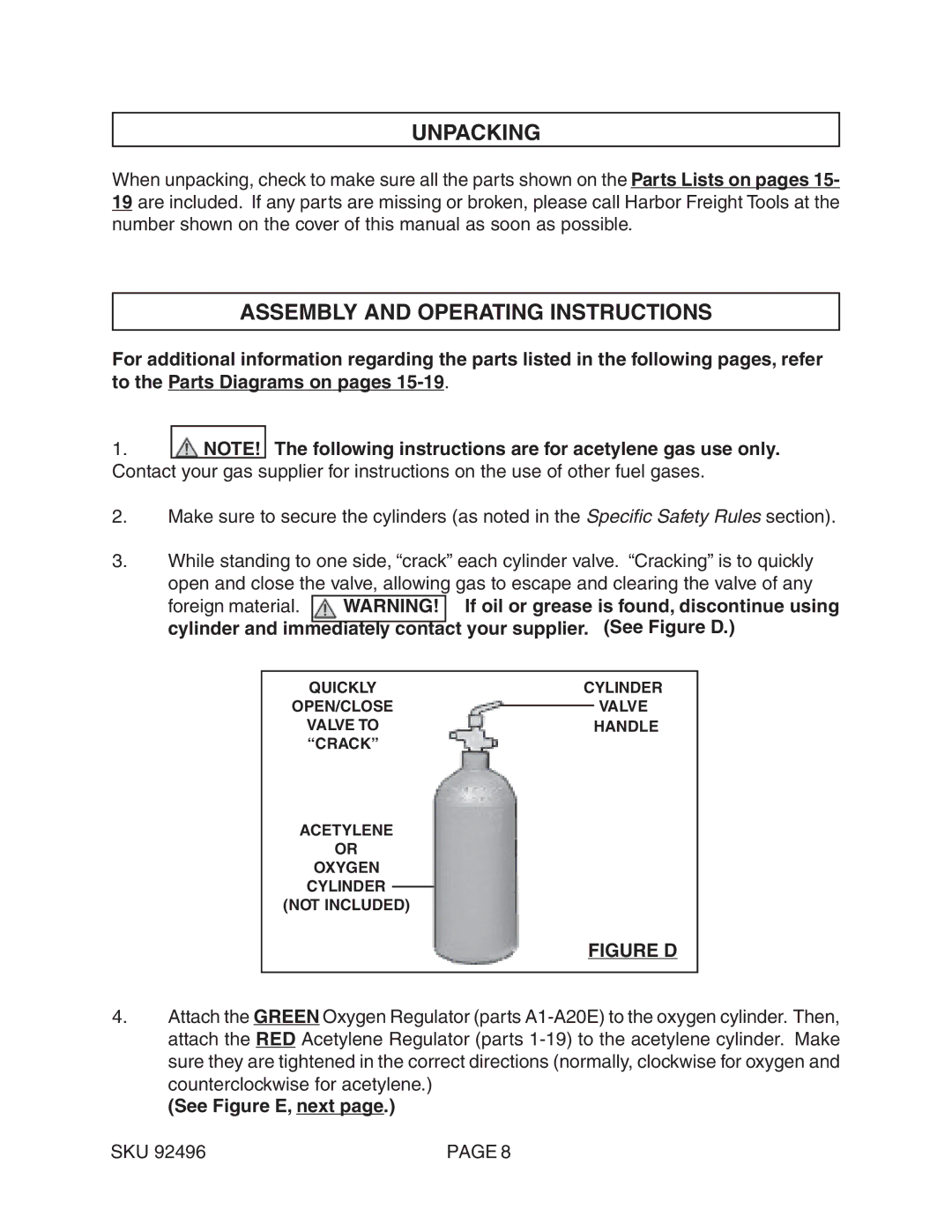 Chicago Electric 92496 operating instructions Unpacking, Assembly and Operating Instructions, See Figure E, next 