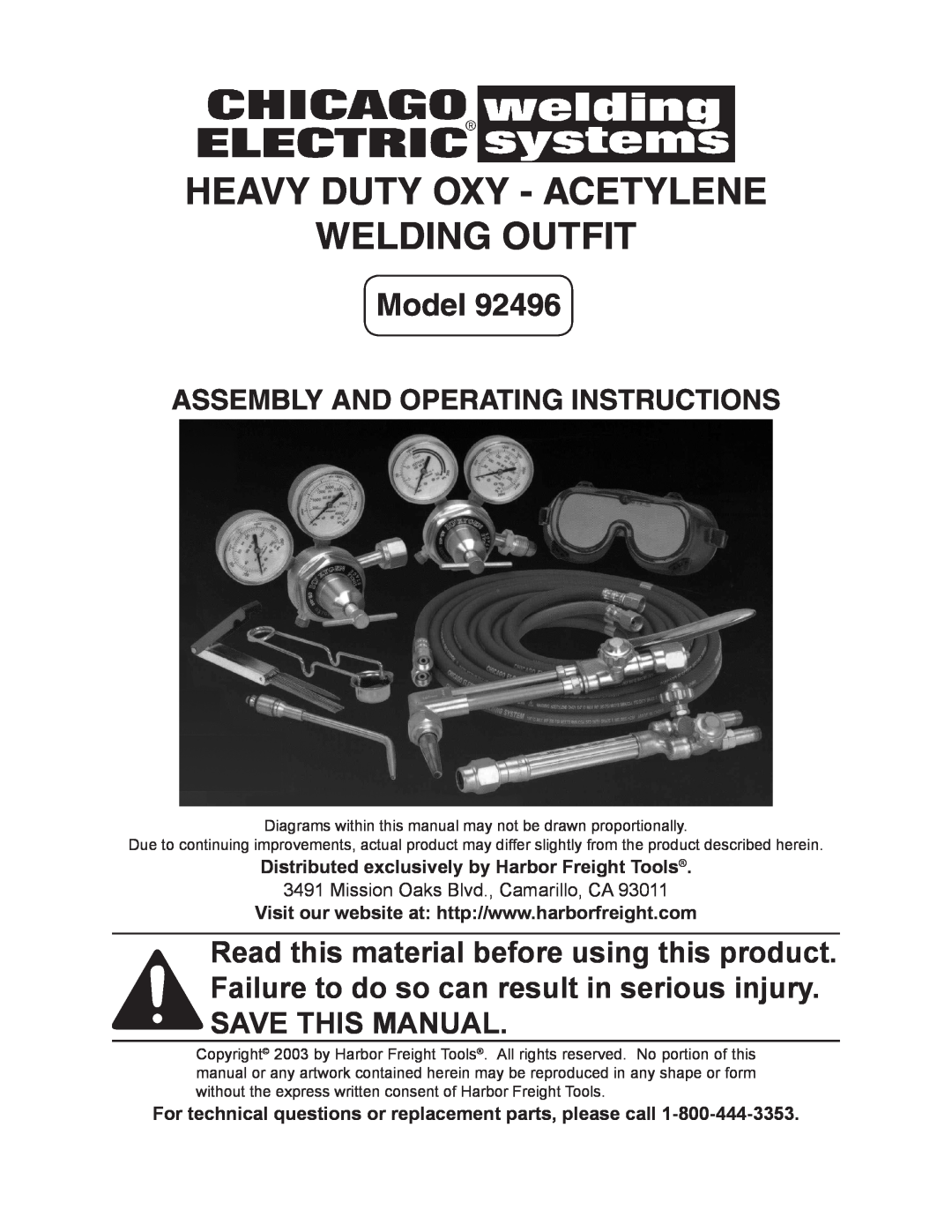 Chicago Electric 92496 operating instructions HEAVY DUTY Oxy - Acetylene WELDING Outfit, Model 