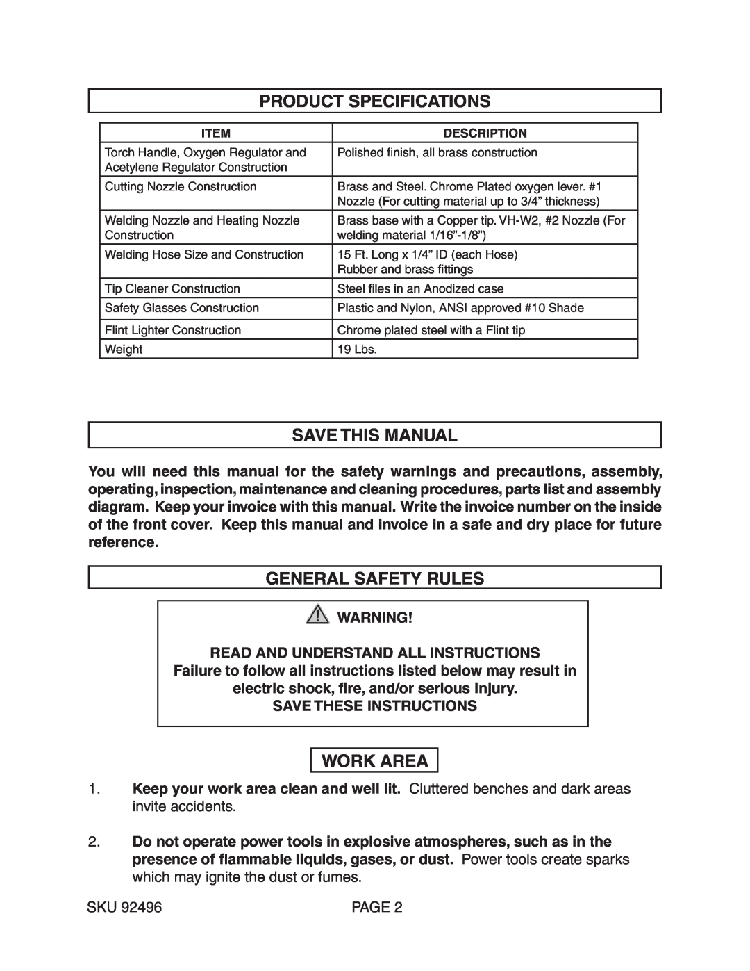 Chicago Electric 92496 operating instructions Product Specifications, Save This Manual, General Safety Rules, Work Area 