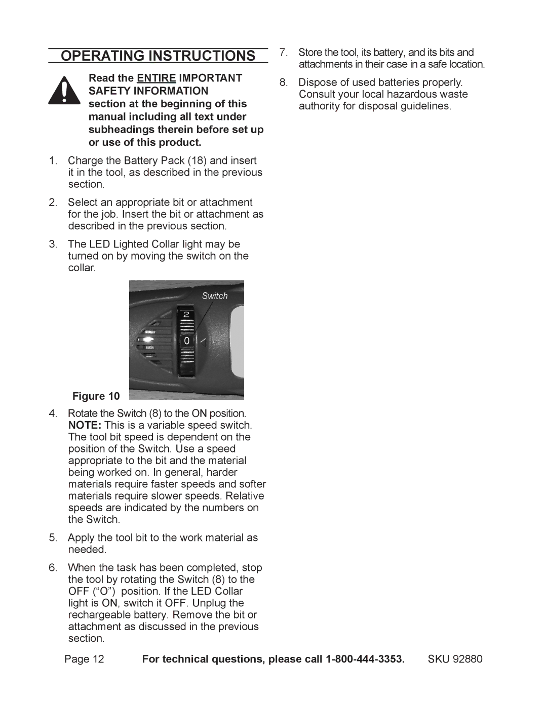 Chicago Electric 92880 operating instructions Operating Instructions 