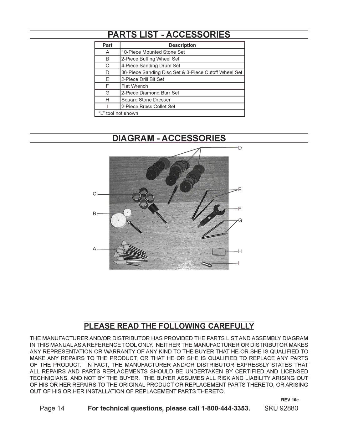 Chicago Electric 92880 operating instructions Parts List accessories, Description 