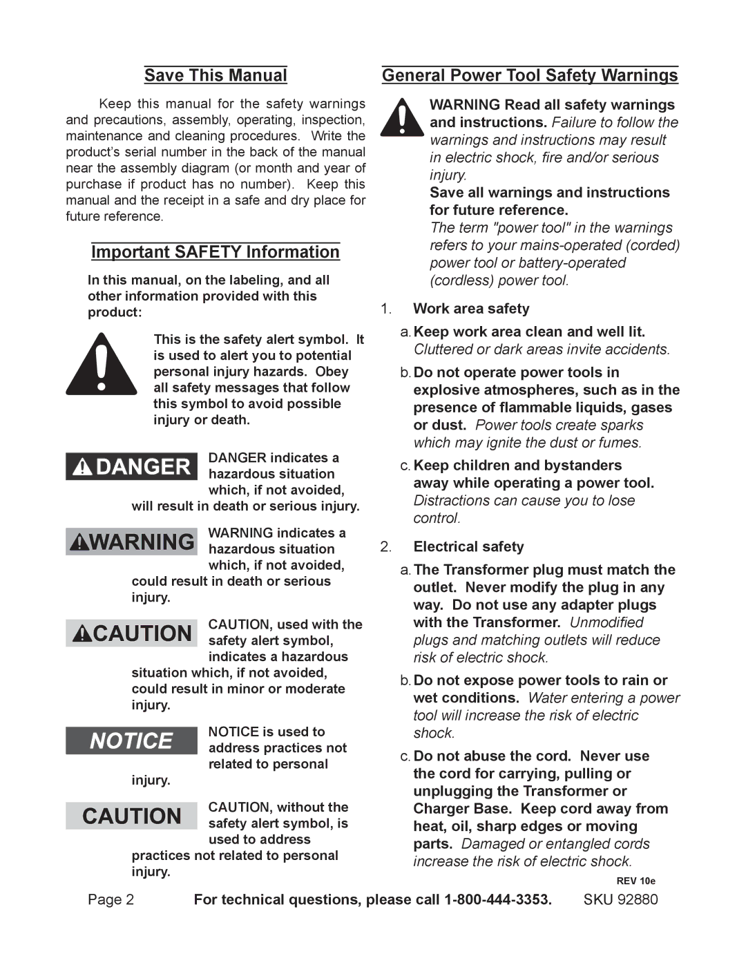 Chicago Electric 92880 Save This Manual, Important Safety Information, General Power Tool Safety Warnings 