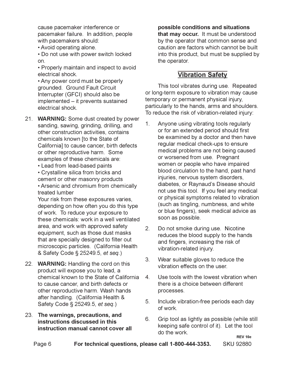 Chicago Electric 92880 operating instructions Vibration Safety 