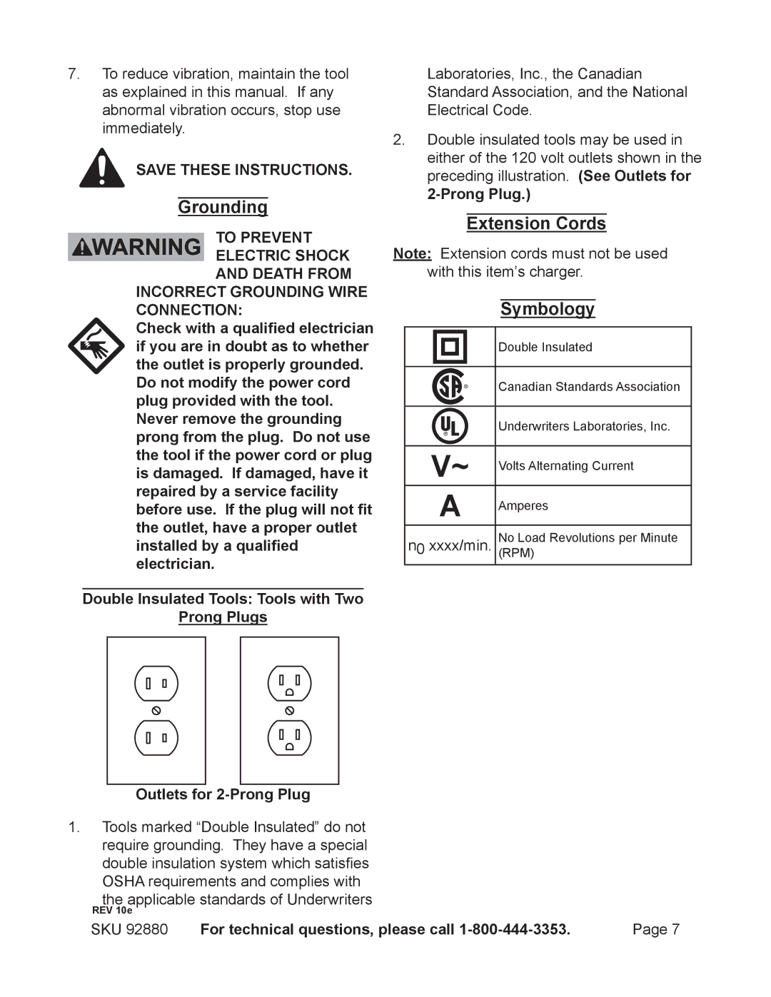 Chicago Electric 92880 operating instructions Grounding, Extension Cords 