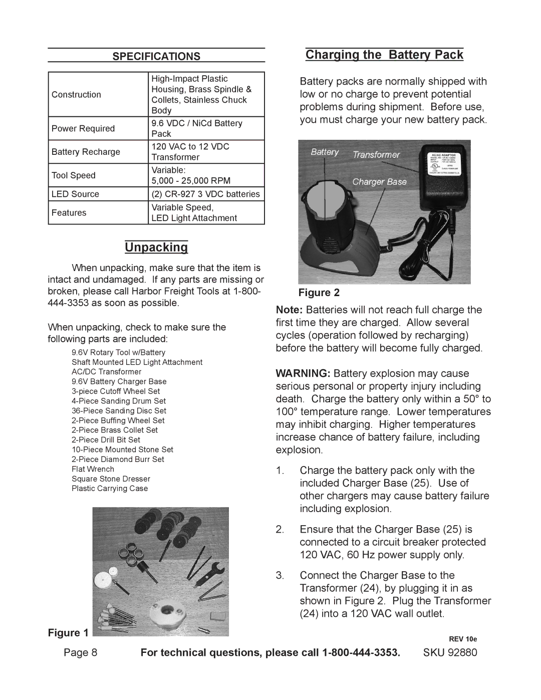 Chicago Electric 92880 operating instructions Unpacking, Charging the Battery Pack, Specifications 