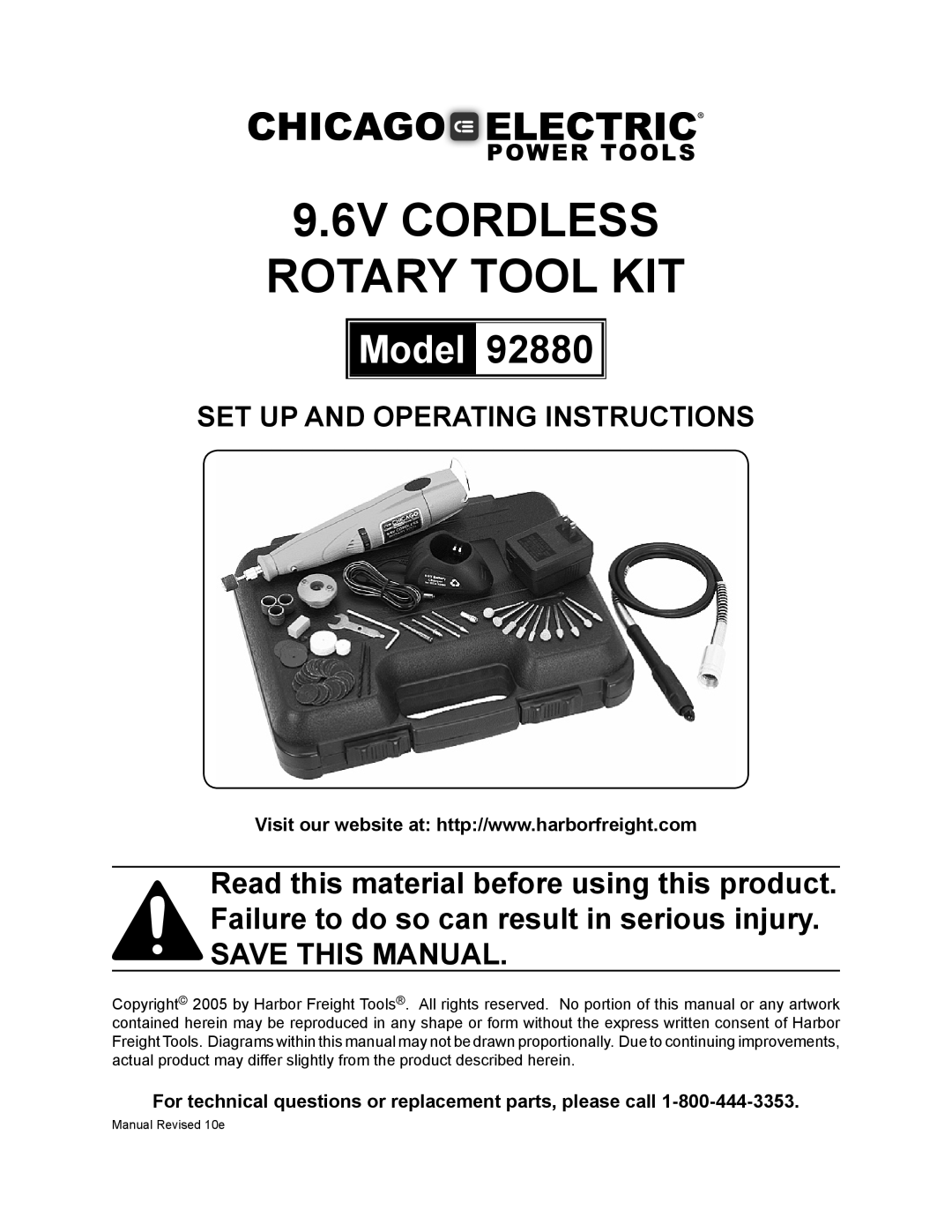 Chicago Electric 92880 operating instructions 9.6V CORDLESS ROTARY TOOL KIT, Model, Set up and Operating Instructions 