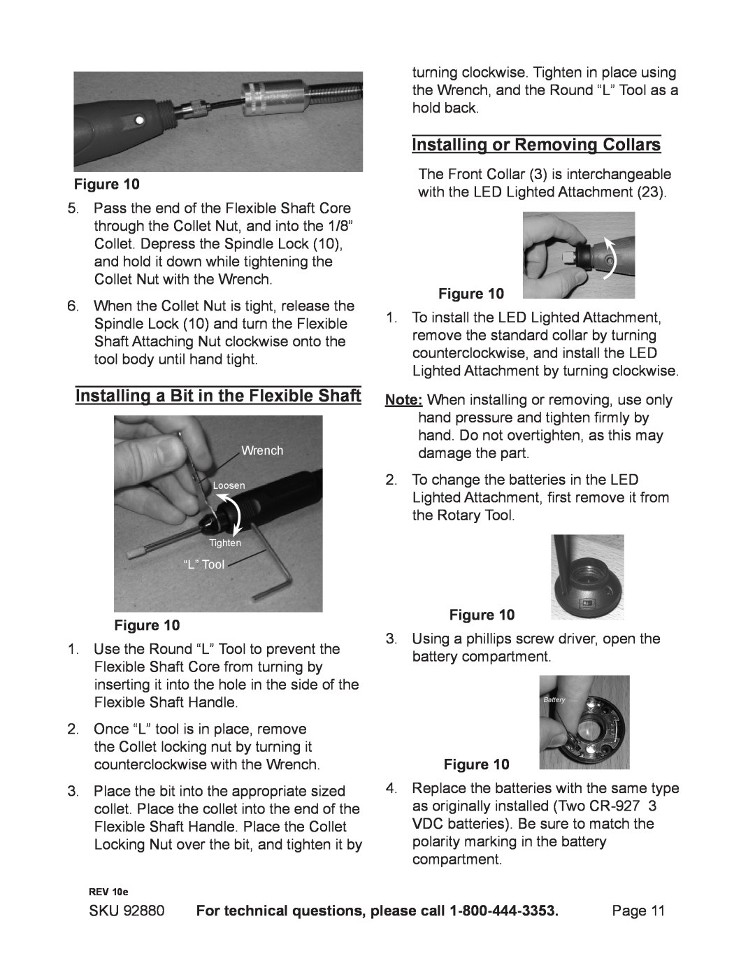 Chicago Electric 92880 operating instructions Installing a Bit in the Flexible Shaft, Installing or Removing Collars 