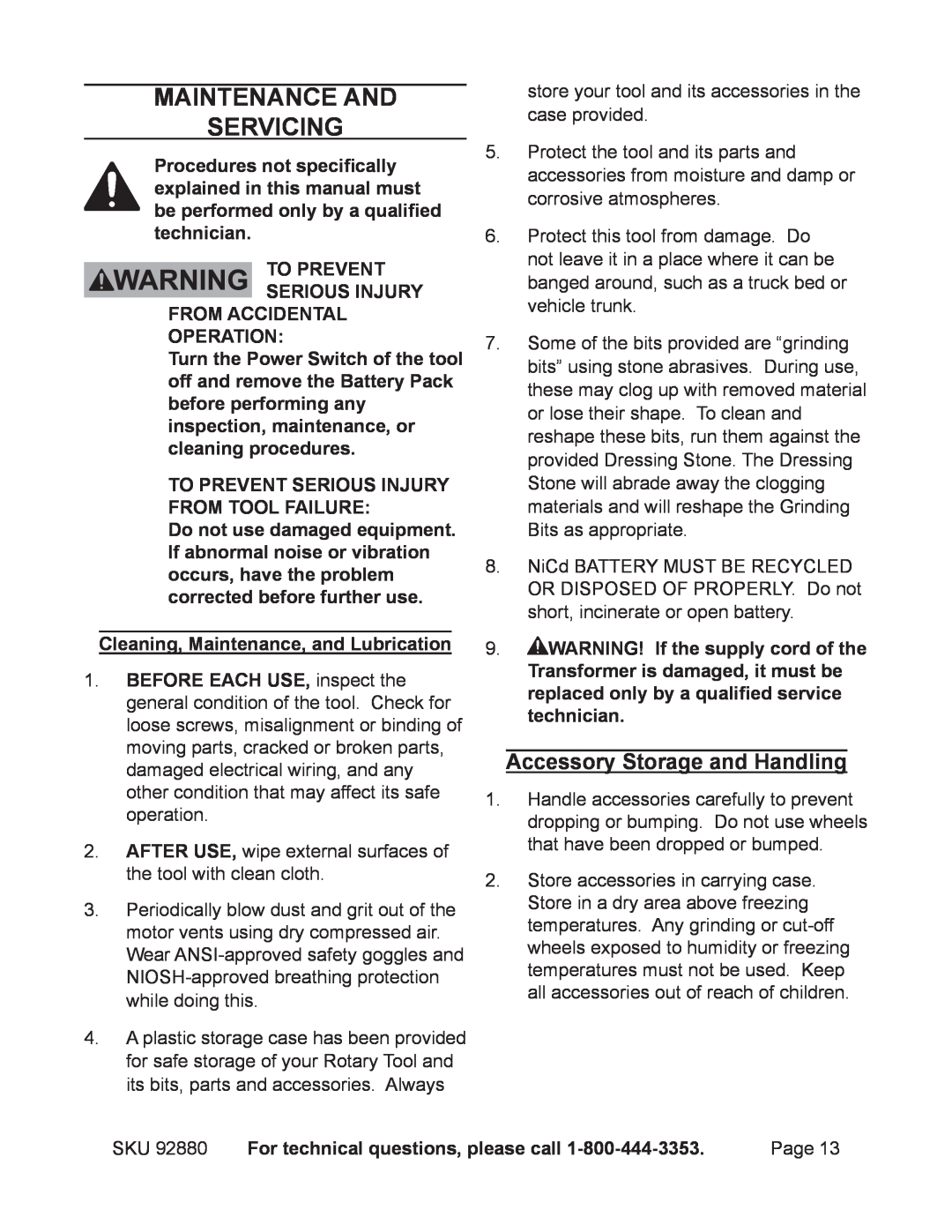 Chicago Electric 92880 operating instructions Maintenance And Servicing, Accessory Storage and Handling 