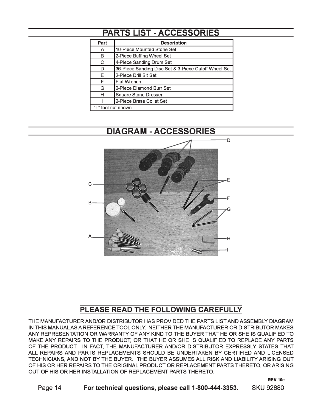 Chicago Electric 92880 Parts List - accessories, Diagram - Accessories, Please Read The Following Carefully 