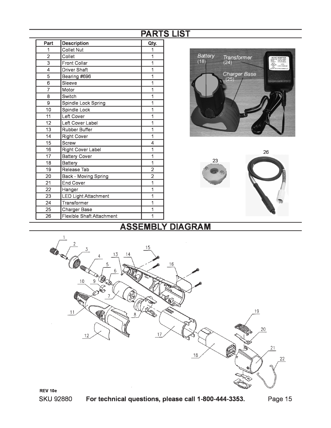 Chicago Electric 92880 operating instructions Parts List, Assembly Diagram, Description 