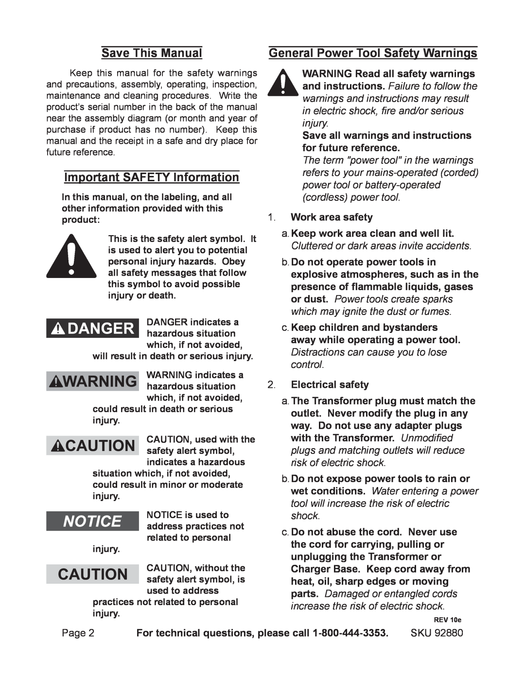 Chicago Electric 92880 Save This Manual, Important SAFETY Information, General Power Tool Safety Warnings 