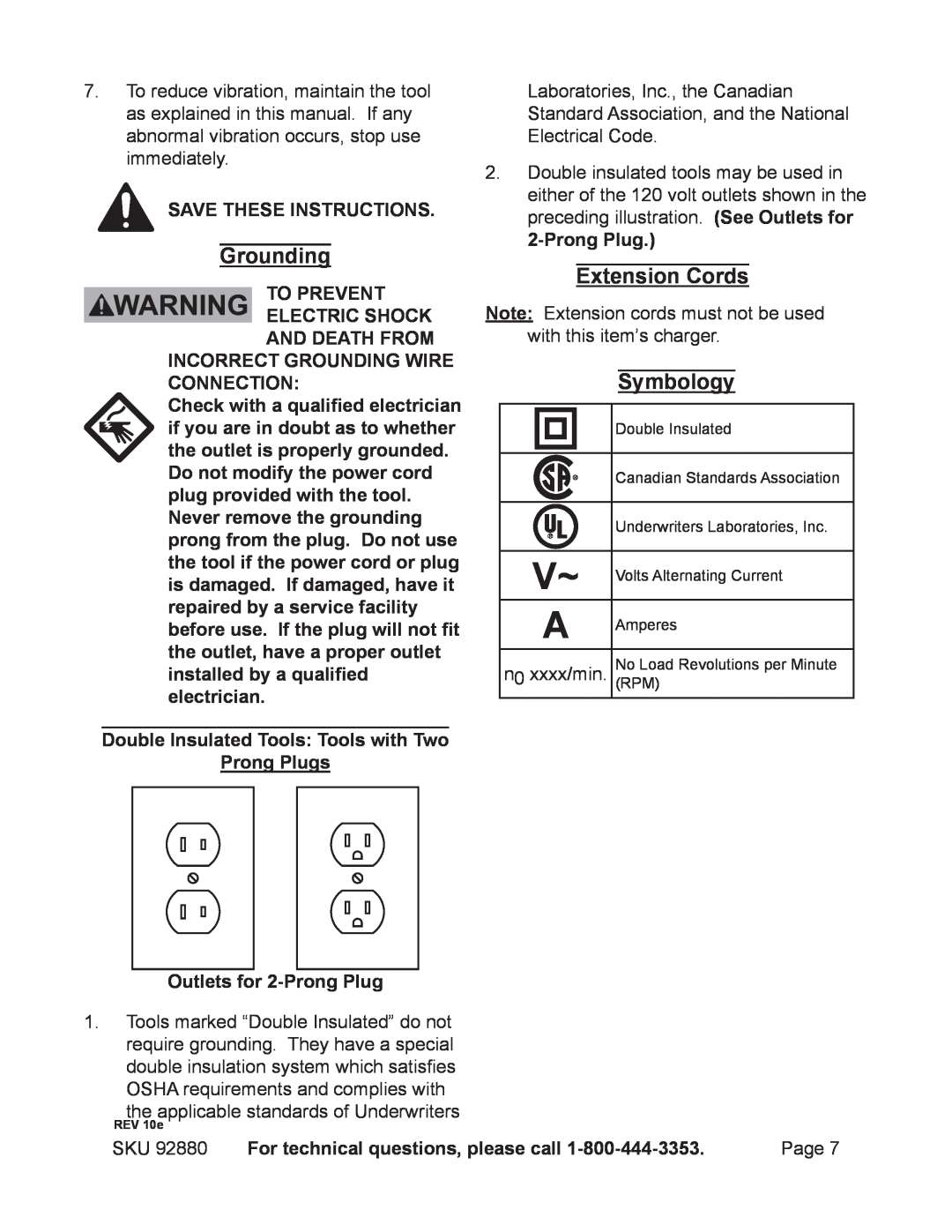 Chicago Electric 92880 operating instructions Grounding, Extension Cords, Symbology 