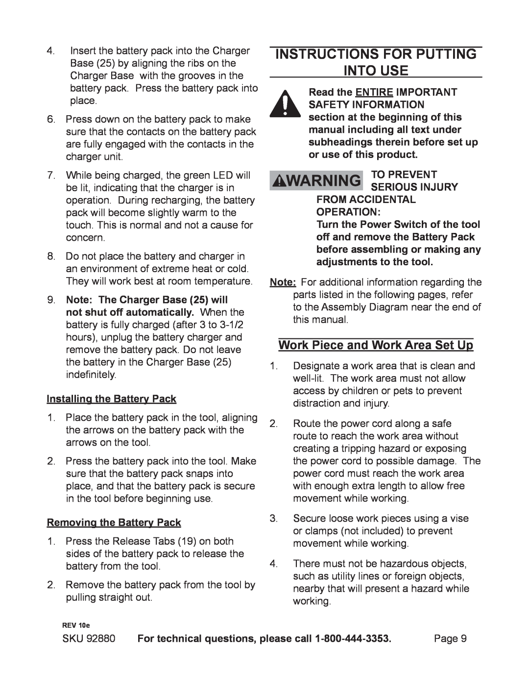 Chicago Electric 92880 operating instructions Instructions for putting into use, Work Piece and Work Area Set Up 