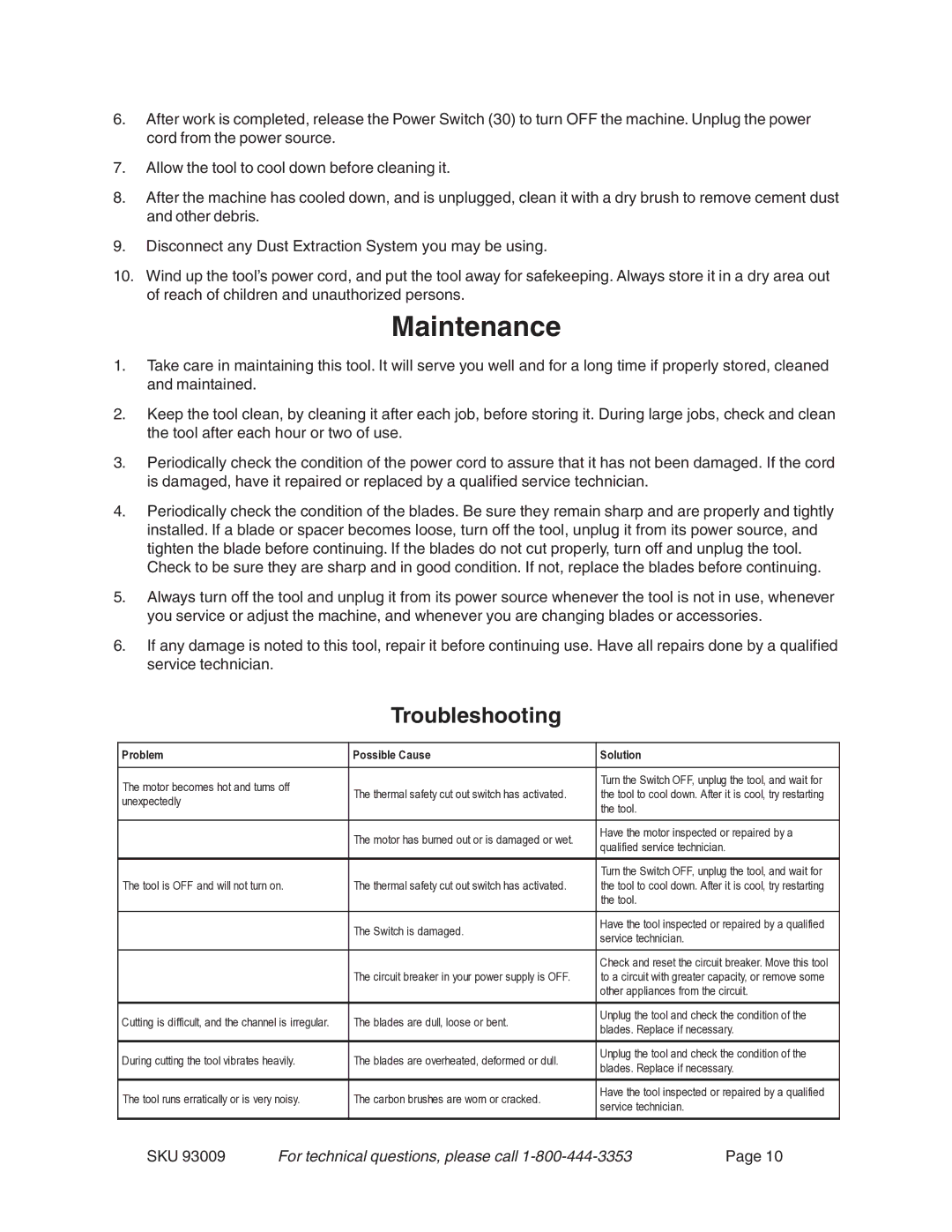 Chicago Electric 93009 operating instructions Maintenance, Troubleshooting 