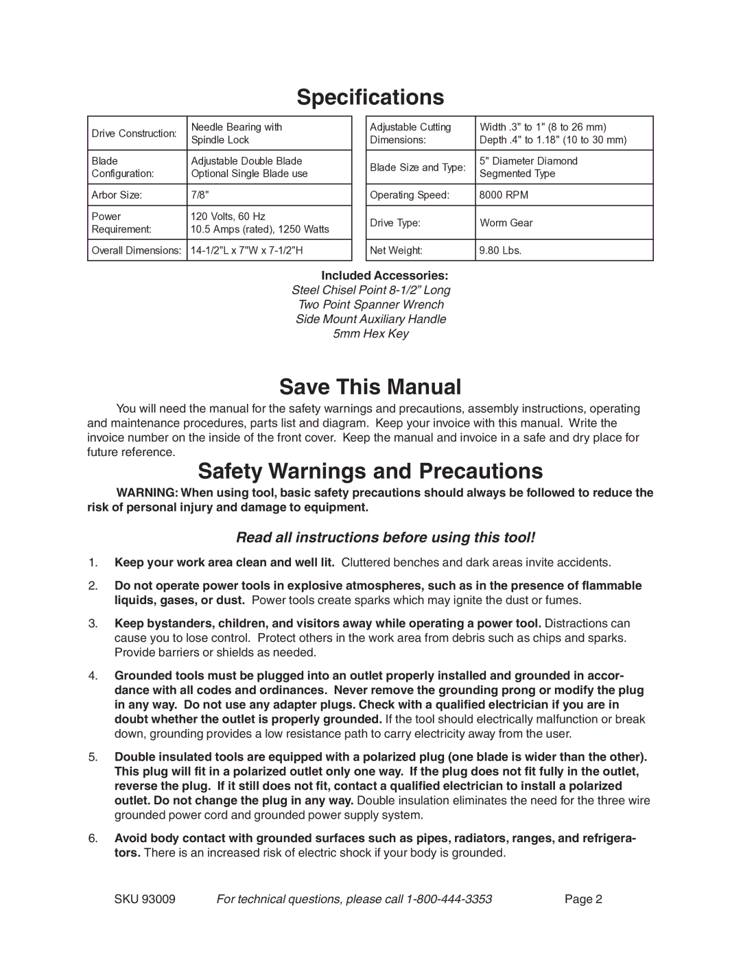 Chicago Electric 93009 operating instructions Specifications, Save This Manual, Safety Warnings and Precautions 