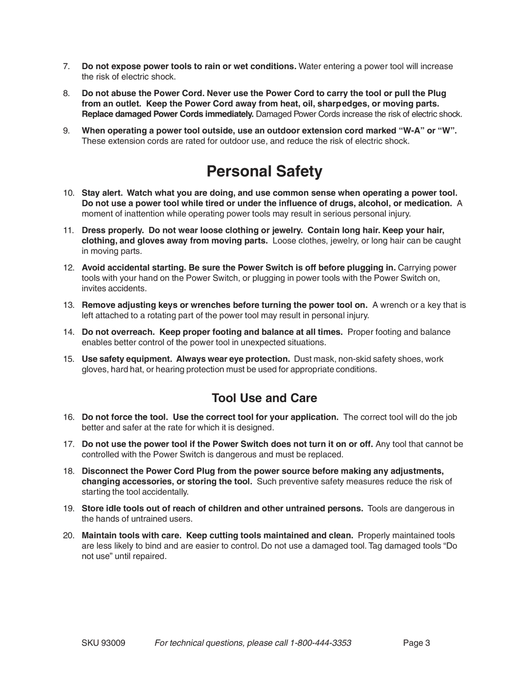 Chicago Electric 93009 operating instructions Personal Safety, Tool Use and Care 