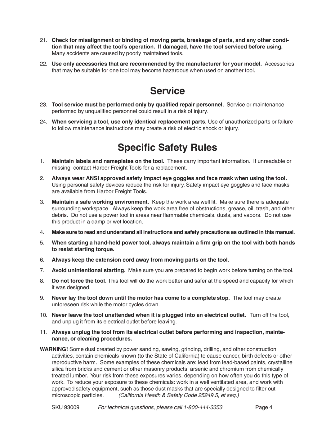 Chicago Electric 93009 operating instructions Service, Specific Safety Rules 