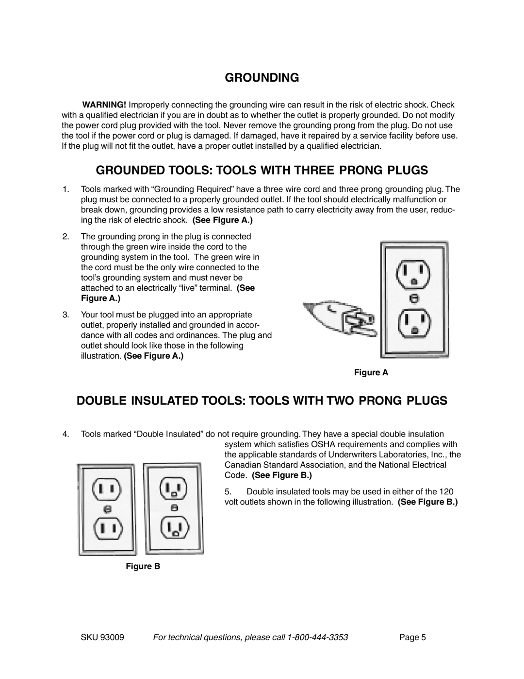 Chicago Electric 93009 operating instructions Grounding Grounded Tools Tools with Three Prong Plugs 