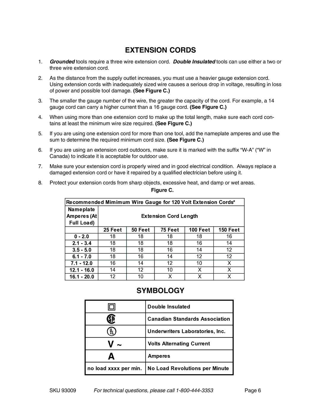 Chicago Electric 93009 operating instructions Extension Cords 