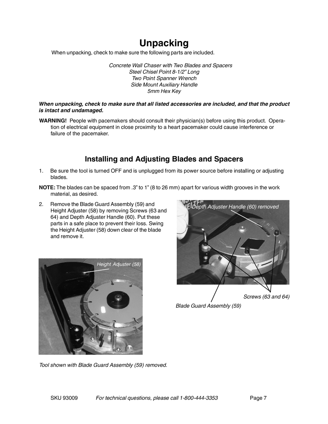 Chicago Electric 93009 operating instructions Unpacking, Installing and Adjusting Blades and Spacers 